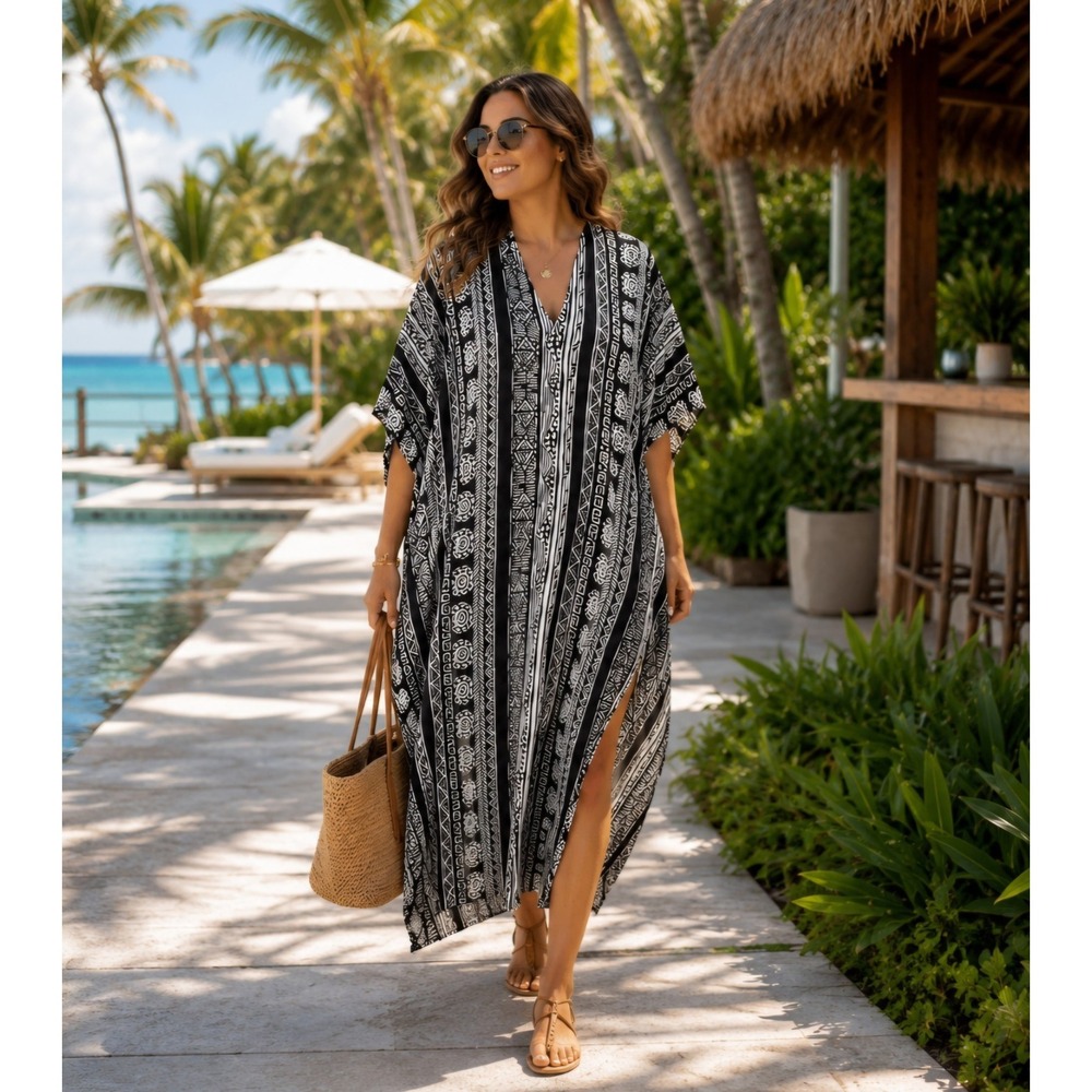 Bar Vixen Black White Kaftan Caftan Cover Up One Size Boho Beach Resort Festival